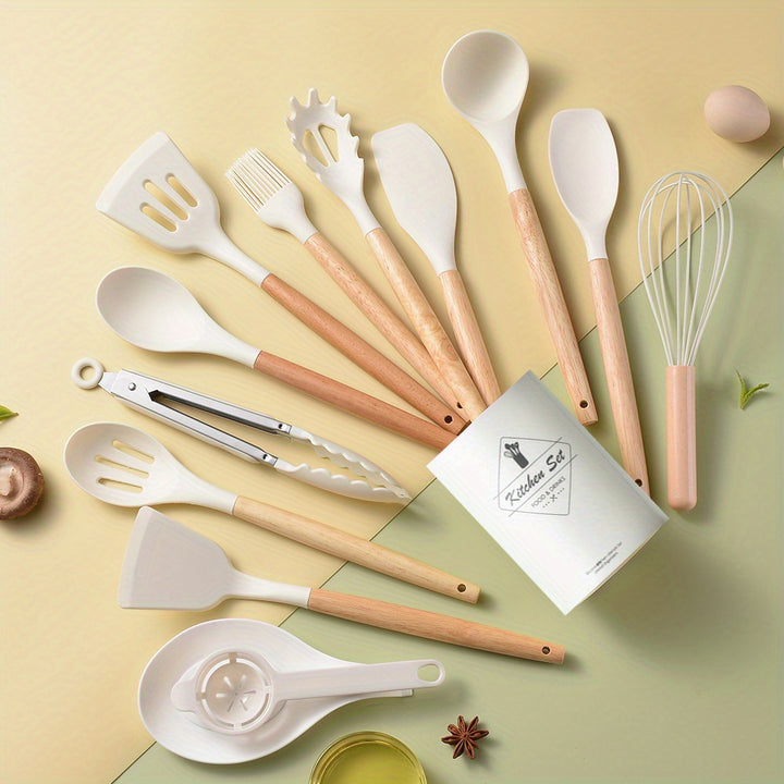 14 piece wooden handle silicone kitchenware set, kitchen baking and cooking tool set, high temperature resistant non stick pot special kitchenware, easy to clean, suitable for commercial Eid al Fitr Mubarak - Total Trends Fusion