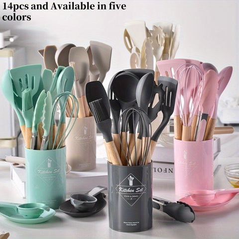 14 piece wooden handle silicone kitchenware set, kitchen baking and cooking tool set, high temperature resistant non stick pot special kitchenware, easy to clean, suitable for commercial Eid al Fitr Mubarak - Total Trends Fusion