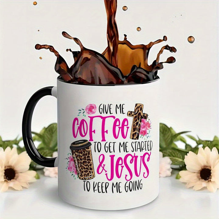 Funny 'Give Me Coffee to Get Started, Jesus to Keep Me Going' 11oz Ceramic Mug with Leopard Print - Perfect Gift for Friends, Family, and Loved Ones, Perfect for Thanksgiving