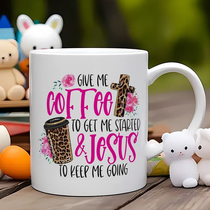 Funny 'Give Me Coffee to Get Started, Jesus to Keep Me Going' 11oz Ceramic Mug with Leopard Print - Perfect Gift for Friends, Family, and Loved Ones, Perfect for Thanksgiving