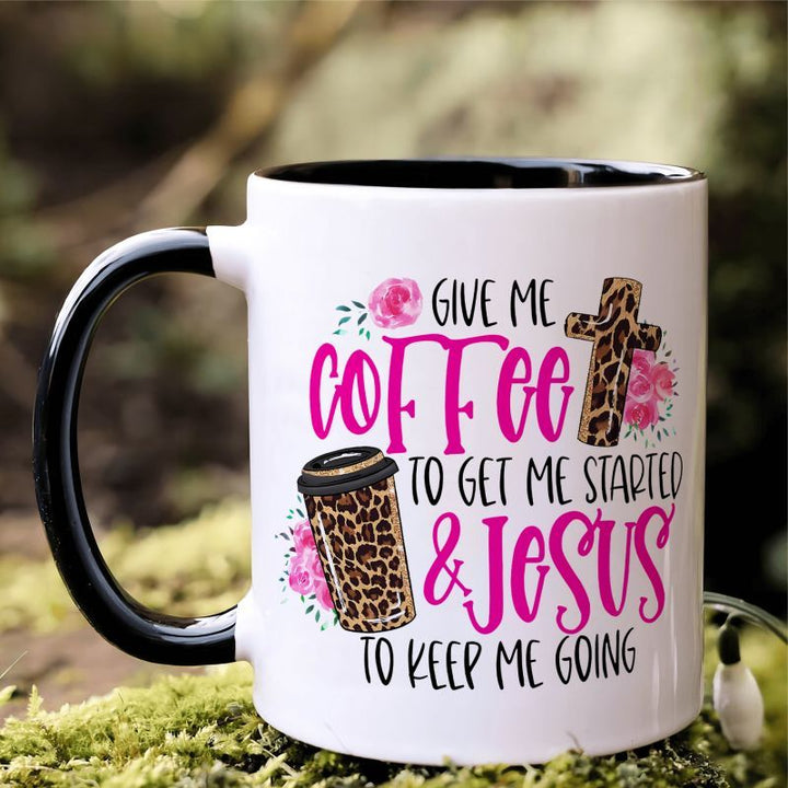 Funny 'Give Me Coffee to Get Started, Jesus to Keep Me Going' 11oz Ceramic Mug with Leopard Print - Perfect Gift for Friends, Family, and Loved Ones, Perfect for Thanksgiving