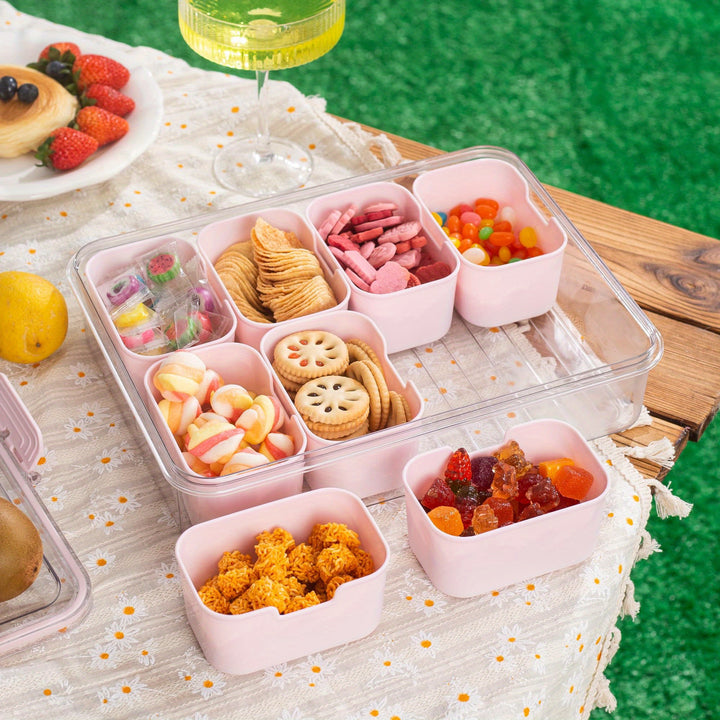 Divided Snack Serving Tray with Lid and Handle Travel Snackle Charcuterie Container Portable Storage Organizer for Candy, Fruits, Nuts, Snacks, Party, Picnic (1pack, Pink) - Total Trends Fusion