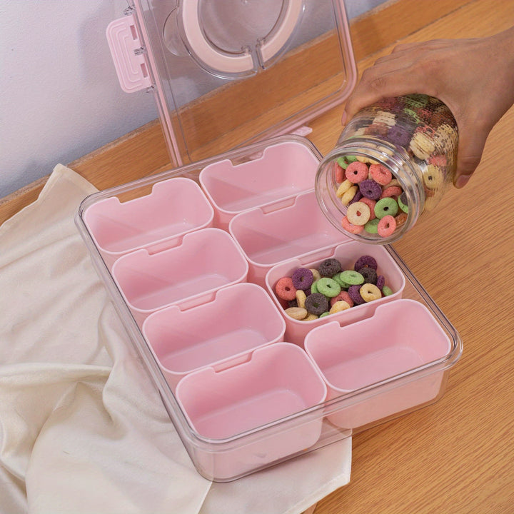 Divided Snack Serving Tray with Lid and Handle Travel Snackle Charcuterie Container Portable Storage Organizer for Candy, Fruits, Nuts, Snacks, Party, Picnic (1pack, Pink) - Total Trends Fusion