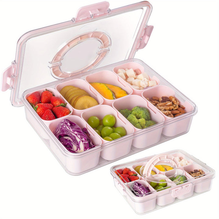 Divided Snack Serving Tray with Lid and Handle Travel Snackle Charcuterie Container Portable Storage Organizer for Candy, Fruits, Nuts, Snacks, Party, Picnic (1pack, Pink) - Total Trends Fusion