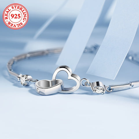 Sterling Silver S925 Double Heart Bracelet With zirconia Elegant Fashion Ladies' Chain, Valentine's Day Mother's Day Gift