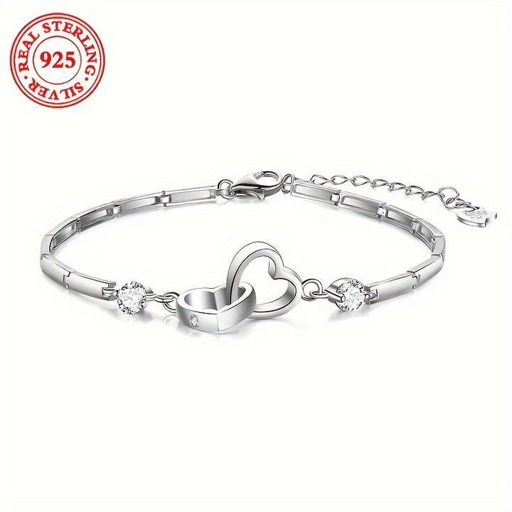 Sterling Silver S925 Double Heart Bracelet With zirconia Elegant Fashion Ladies' Chain, Valentine's Day Mother's Day Gift