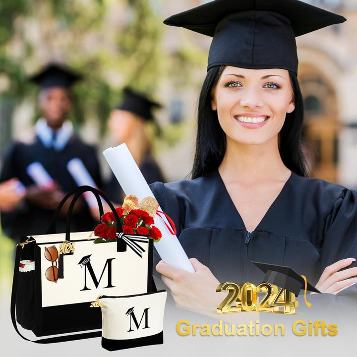 Graduation Gifts for Her - Initial Canvas Tote Bag & Makeup Bag Personalized Class of 2024 Graduation Gifts - Total Trends Fusion