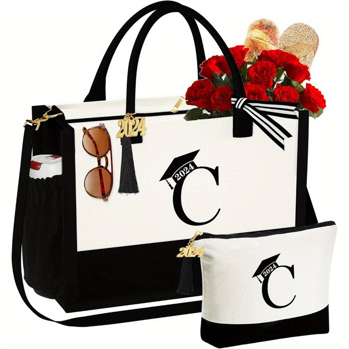 Graduation Gifts for Her - Initial Canvas Tote Bag & Makeup Bag Personalized Class of 2024 Graduation Gifts - Total Trends Fusion