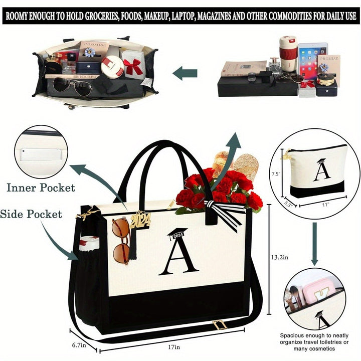 Graduation Gifts for Her - Initial Canvas Tote Bag & Makeup Bag Personalized Class of 2024 Graduation Gifts - Total Trends Fusion