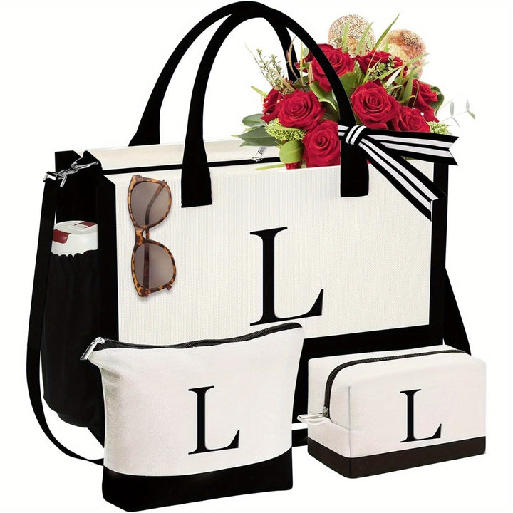 3 Pcs Gifts For Women - Initial Canvas Tote Bag & Makeup Bag Personalized Mothers Day Birthday Gifts For Women, Girlfriend Friends Female Teacher - Total Trends Fusion