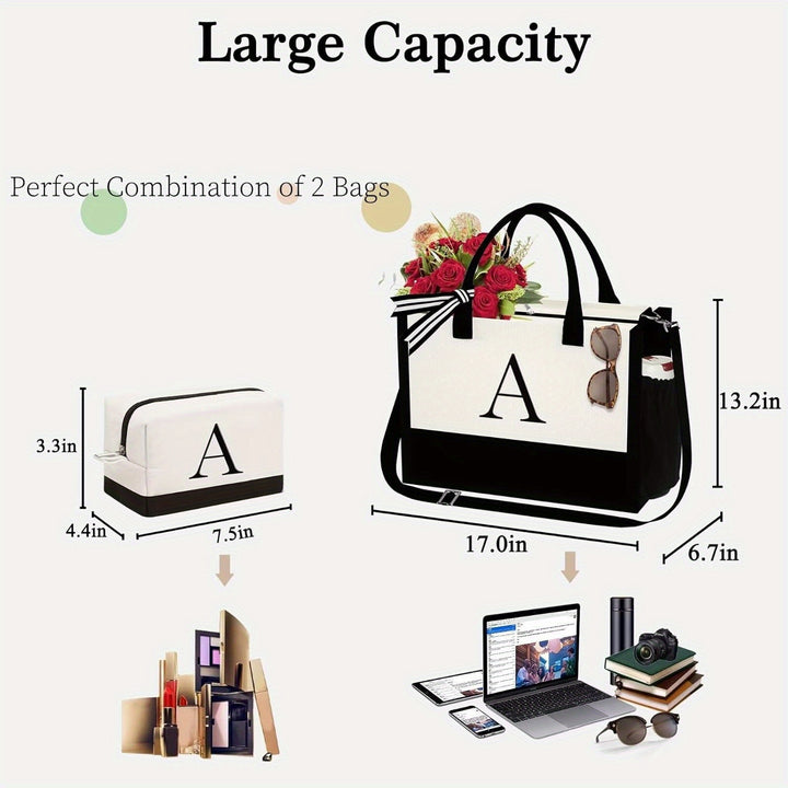 3 Pcs Gifts For Women - Initial Canvas Tote Bag & Makeup Bag Personalized Mothers Day Birthday Gifts For Women, Girlfriend Friends Female Teacher - Total Trends Fusion