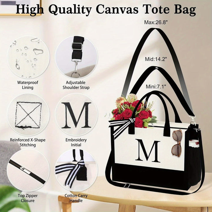 3 Pcs Gifts For Women - Initial Canvas Tote Bag & Makeup Bag Personalized Mothers Day Birthday Gifts For Women, Girlfriend Friends Female Teacher - Total Trends Fusion
