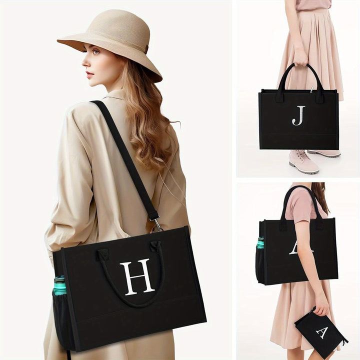 Initial Black Canvas Tote Bag & Makeup Bag with Zipper Adjustable Strap, Personalized Present Bag for Women Birthday - Total Trends Fusion