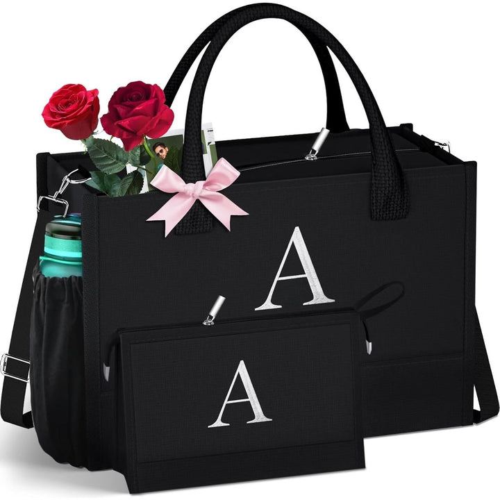 Initial Black Canvas Tote Bag & Makeup Bag with Zipper Adjustable Strap, Personalized Present Bag for Women Birthday - Total Trends Fusion