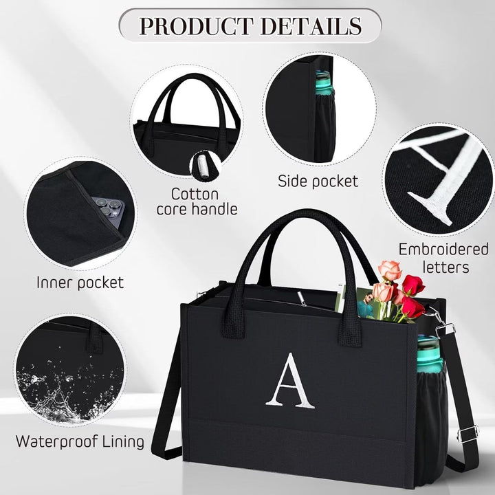 Initial Black Canvas Tote Bag & Makeup Bag with Zipper Adjustable Strap, Personalized Present Bag for Women Birthday - Total Trends Fusion