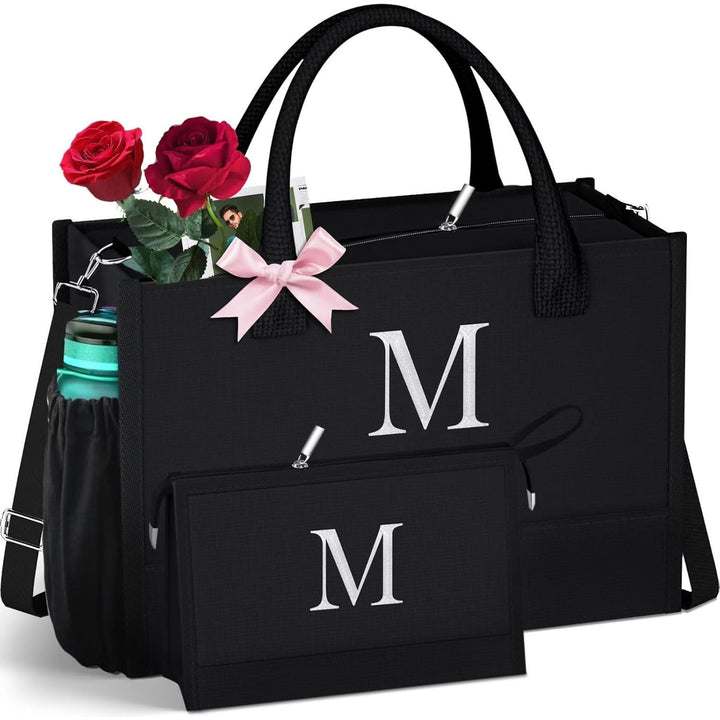 Initial Black Canvas Tote Bag & Makeup Bag with Zipper Adjustable Strap, Personalized Present Bag for Women Birthday - Total Trends Fusion
