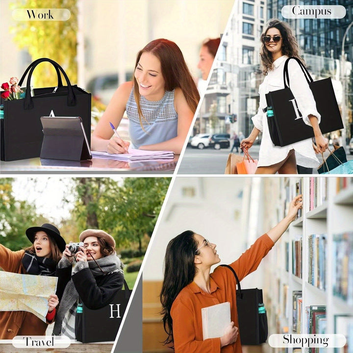 Initial Black Canvas Tote Bag & Makeup Bag with Zipper Adjustable Strap, Personalized Present Bag for Women Birthday - Total Trends Fusion