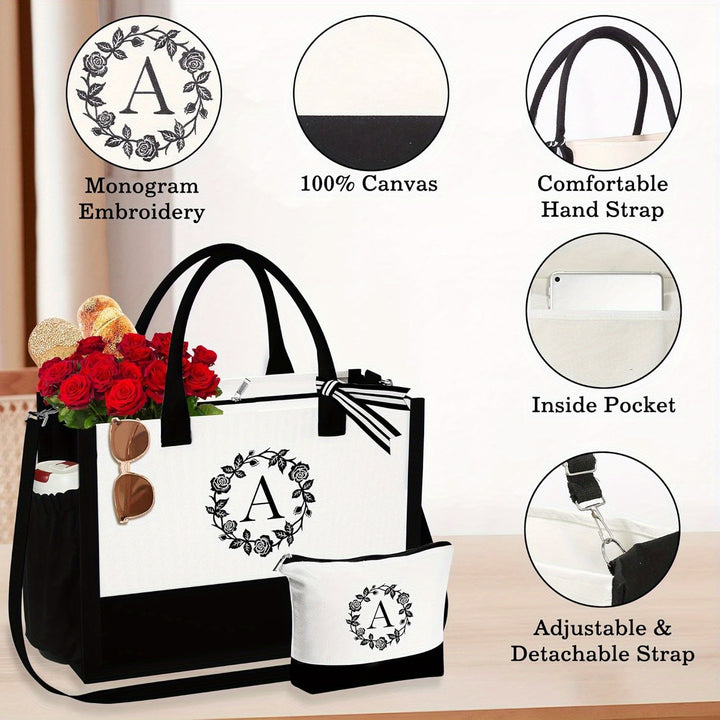 Personalized Canvas Tote Bag for Women, Monogram Z Tote Bag with Makeup Bag Unique Friend Gifts for Women Mom Birthday Gifts for Women Bridesmaid Teacher Gifts Hostess Aunt Wife Sister Gifts - Total Trends Fusion