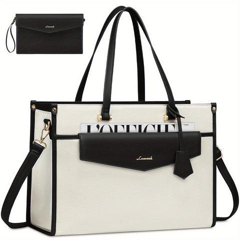 Laptop Bag for Women, Canvas Laptop Tote Bag Work Bag for Women, Professional Computer Bag with Clutch Purse Pendant, Office Business Briefcase for Travel Teacher College - Total Trends Fusion