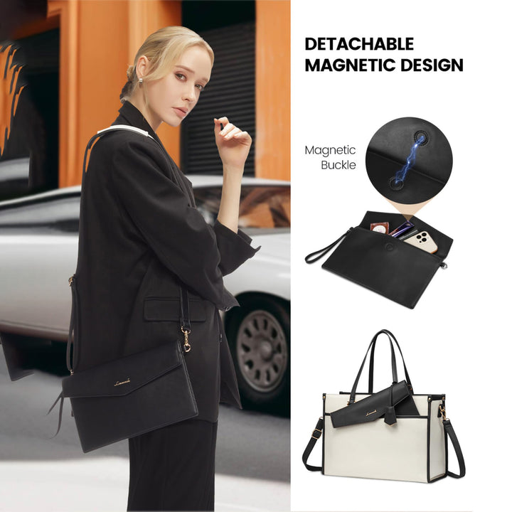 Laptop Bag for Women, Canvas Laptop Tote Bag Work Bag for Women, Professional Computer Bag with Clutch Purse Pendant, Office Business Briefcase for Travel Teacher College - Total Trends Fusion