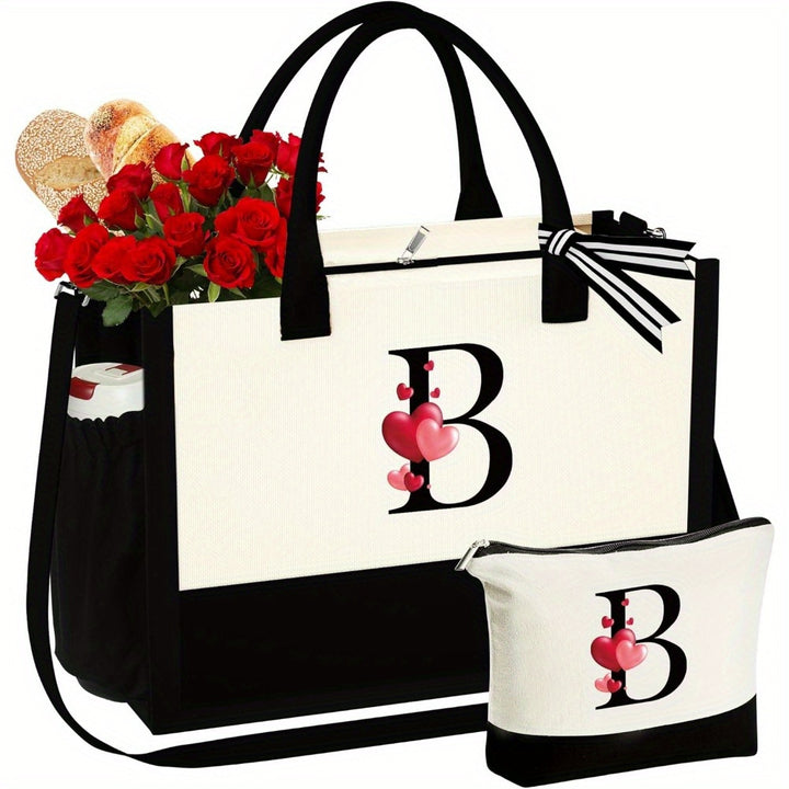 2pcs Tote Bag And Makeup Bag Set With Zip Closure Perfect For Daily Commute And Vacation Travel Use - Total Trends Fusion