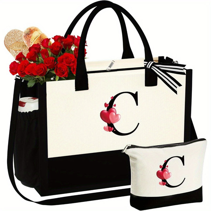 2pcs Tote Bag And Makeup Bag Set With Zip Closure Perfect For Daily Commute And Vacation Travel Use - Total Trends Fusion