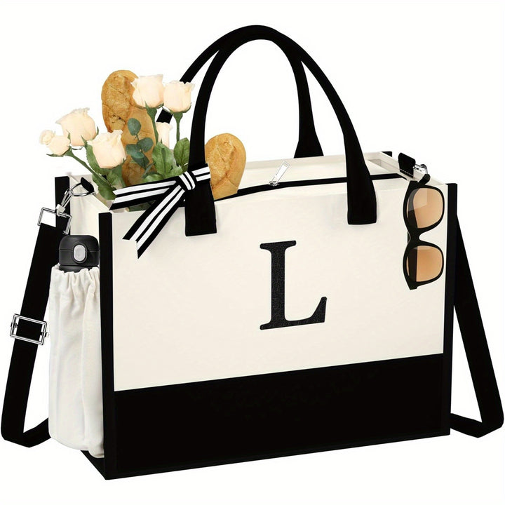 Gifts for Women - Initial Canvas Tote Bag with Makeup Bag, Personalized Monogrammed Gift Tote with Strap, Reusable Grocery Bags, Gifts for Mom Sister Friends Teachers Letter A - Total Trends Fusion