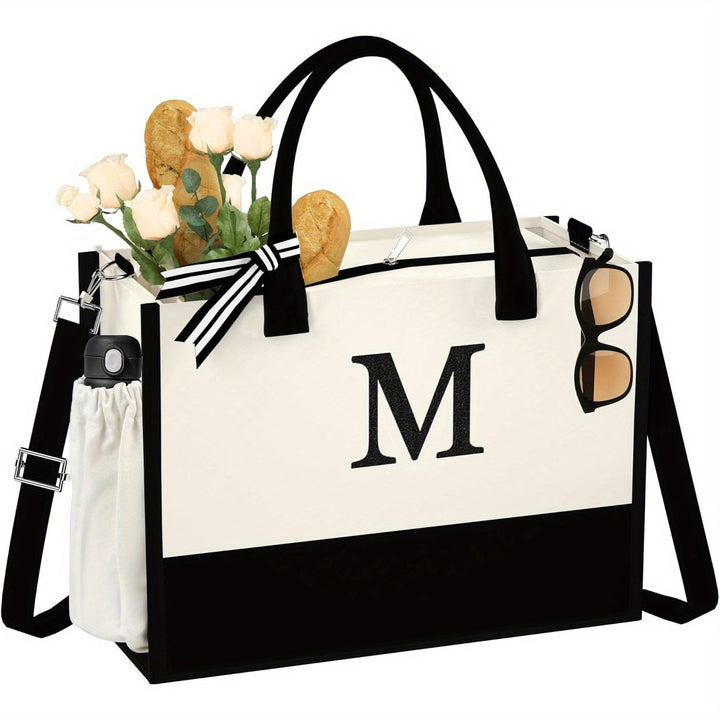 Gifts for Women - Initial Canvas Tote Bag with Makeup Bag, Personalized Monogrammed Gift Tote with Strap, Reusable Grocery Bags, Gifts for Mom Sister Friends Teachers Letter A - Total Trends Fusion