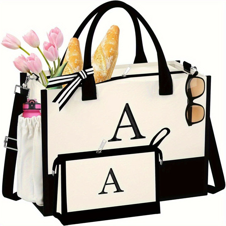 Gifts for Women - Initial Canvas Tote Bag with Makeup Bag, Personalized Monogrammed Gift Tote with Strap, Reusable Grocery Bags, Gifts for Mom Sister Friends Teachers Letter A - Total Trends Fusion