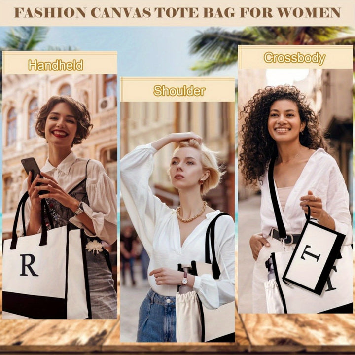 Gifts for Women - Initial Canvas Tote Bag with Makeup Bag, Personalized Monogrammed Gift Tote with Strap, Reusable Grocery Bags, Gifts for Mom Sister Friends Teachers Letter A - Total Trends Fusion