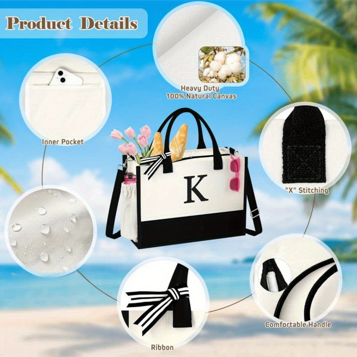Gifts for Women - Initial Canvas Tote Bag with Makeup Bag, Personalized Monogrammed Gift Tote with Strap, Reusable Grocery Bags, Gifts for Mom Sister Friends Teachers Letter A - Total Trends Fusion
