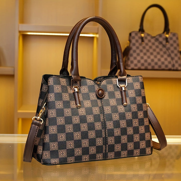 3-Piece Set PVC Women's Tote Bag And Wallets, Checkered Print, Fashion Shoulder Bag With Small Handheld Purses - Total Trends Fusion