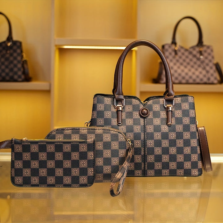 3-Piece Set PVC Women's Tote Bag And Wallets, Checkered Print, Fashion Shoulder Bag With Small Handheld Purses - Total Trends Fusion
