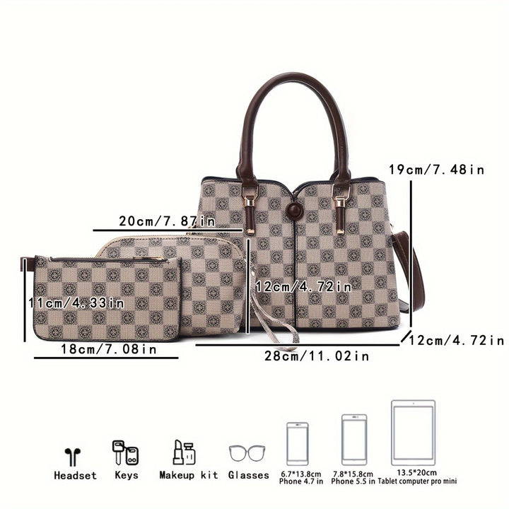 3-Piece Set PVC Women's Tote Bag And Wallets, Checkered Print, Fashion Shoulder Bag With Small Handheld Purses - Total Trends Fusion