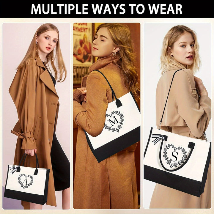 Gifts for Women - Initial Canvas Beach Tote Bag & Makeup Bag Best Friend Birthday Gifts Graduation Gifts for Her - Total Trends Fusion