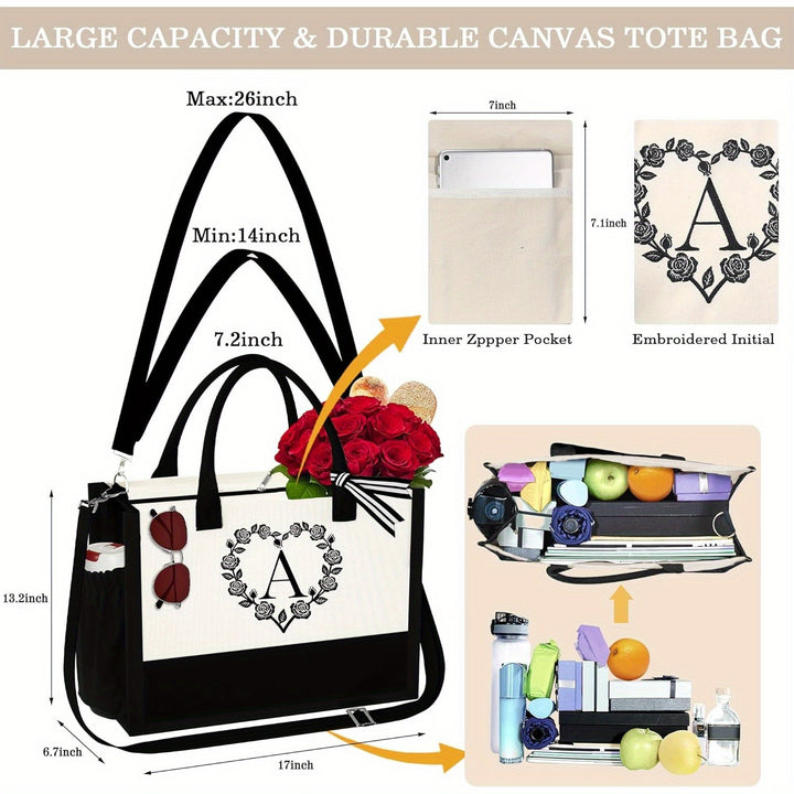 Gifts for Women - Initial Canvas Beach Tote Bag & Makeup Bag Best Friend Birthday Gifts Graduation Gifts for Her - Total Trends Fusion
