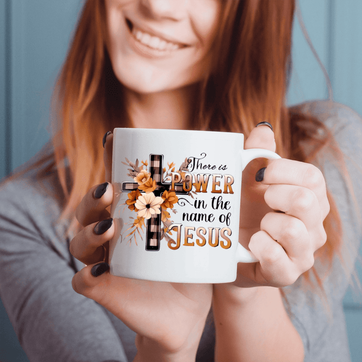 "There Is Power In The Name of JESUS | 11oz Ceramic Mug with Flowers & Crosses"