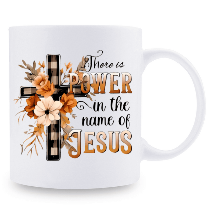 "There Is Power In The Name of JESUS | 11oz Ceramic Mug with Flowers & Crosses"