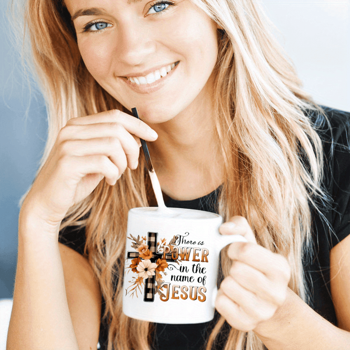 "There Is Power In The Name of JESUS | 11oz Ceramic Mug with Flowers & Crosses"