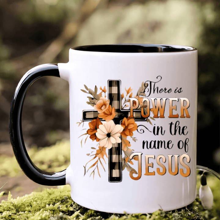 "There Is Power In The Name of JESUS | 11oz Ceramic Mug with Flowers & Crosses"