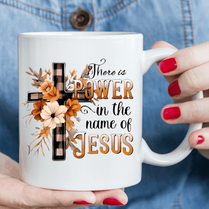 "There Is Power In The Name of JESUS | 11oz Ceramic Mug with Flowers & Crosses"