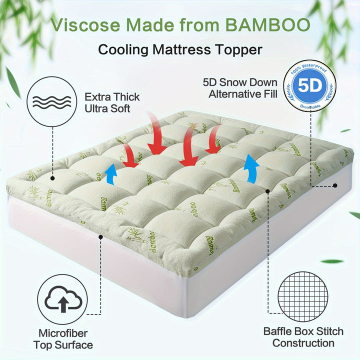 21-Inch Deep Pocket Extra Thick Bamboo Quilted Mattress Topper - Plush Pillow Top Mattress Cover with Soft Filling for Ultimate Comfort and Support - Hypoallergenic, Breathable, and Machine Washable - Total Trends Fusion