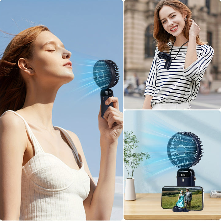 Portable Mini Handheld Fan - 5000mAh USB Rechargeable, Touch Control, 5-Speed Foldable Fan, LED Display, For Home, Office, Outdoor Hand Held/Desk/Neck Fan 3 In 1 Mini Fan With Base - Total Trends Fusion