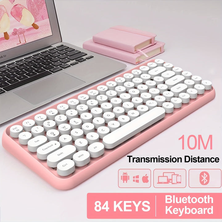 ZIYOU LANG Wireless BT Keyboard, Mini Portable 84-Key Typewriter Retro Round Keycaps Keyboard, Compatible With Android, Windows, PC, Tablet-Dark, Perfer For Home And Office Keyboards(Pink) - Total Trends Fusion