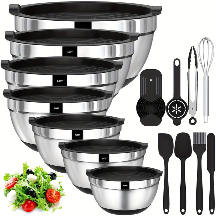 Bowls With Airtight Lids, 20 Piece Stainless Steel Metal Nesting Bowls, Non-Slip Colorful Silicone Bottom, Size 7, 3.5, 2.5, 2.0, 1.5, 1, 0.67QT, Great For Mixing, Baking, Serving - Total Trends Fusion