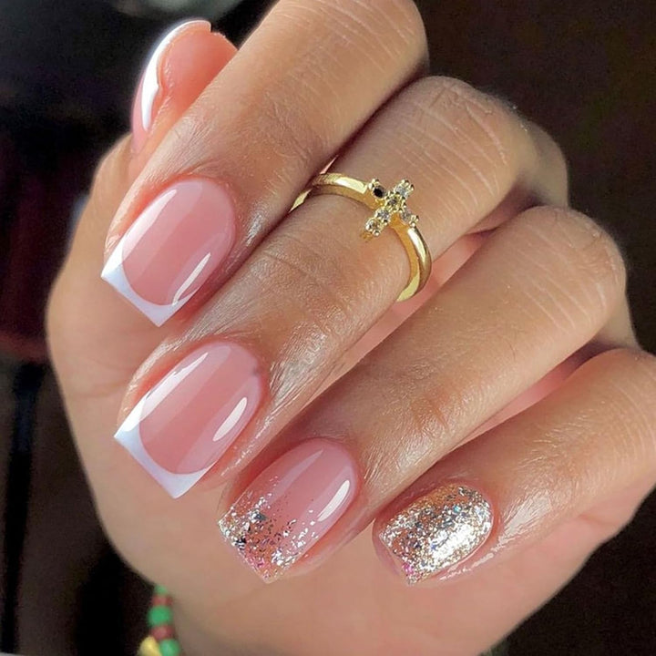 French Tip Press on Nails Short Square Fake Nails with Leopard Print French Bow Designs Nude Glue on Nails Press Ons Glossy False Nails Reusable Cute Stick on Nails for Women 24 Pcs