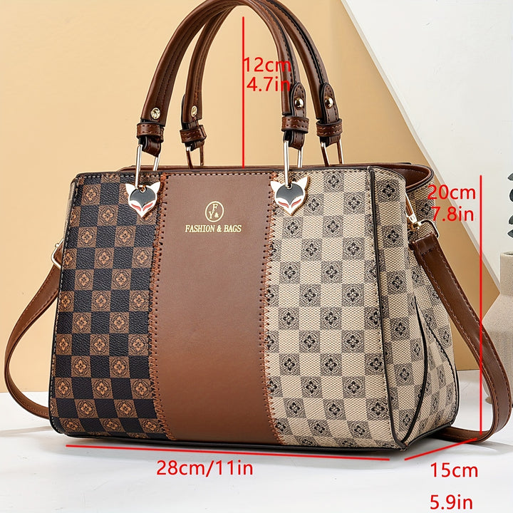 New versatile color blocking high-capacity checkered printed handbag - Total Trends Fusion
