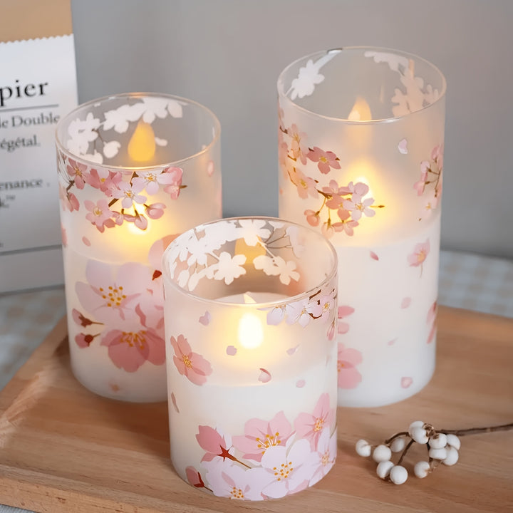3 Pack, Plastic Flameless Flickering Candles, Pink Flower Pattern, Battery Operated, With Looping 24-hour Timer And 10-button Remote Control, Suitable For Indoor, Outdoor, Wedding Decoration - Total Trends Fusion