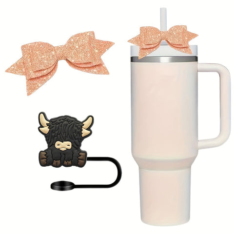 2pcs Set tool brand Container Straw Toppers with Cat Paw Charms & Bowknots - Perfect for Party Decorations - Total Trends Fusion