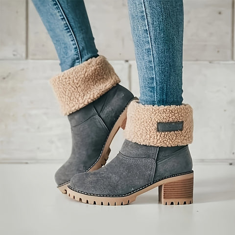 Winter Boots For Women, Comfortable Slip On Mid Chunky Heel Suede Warm Snow Ankle Boots Outdoor Shoes
